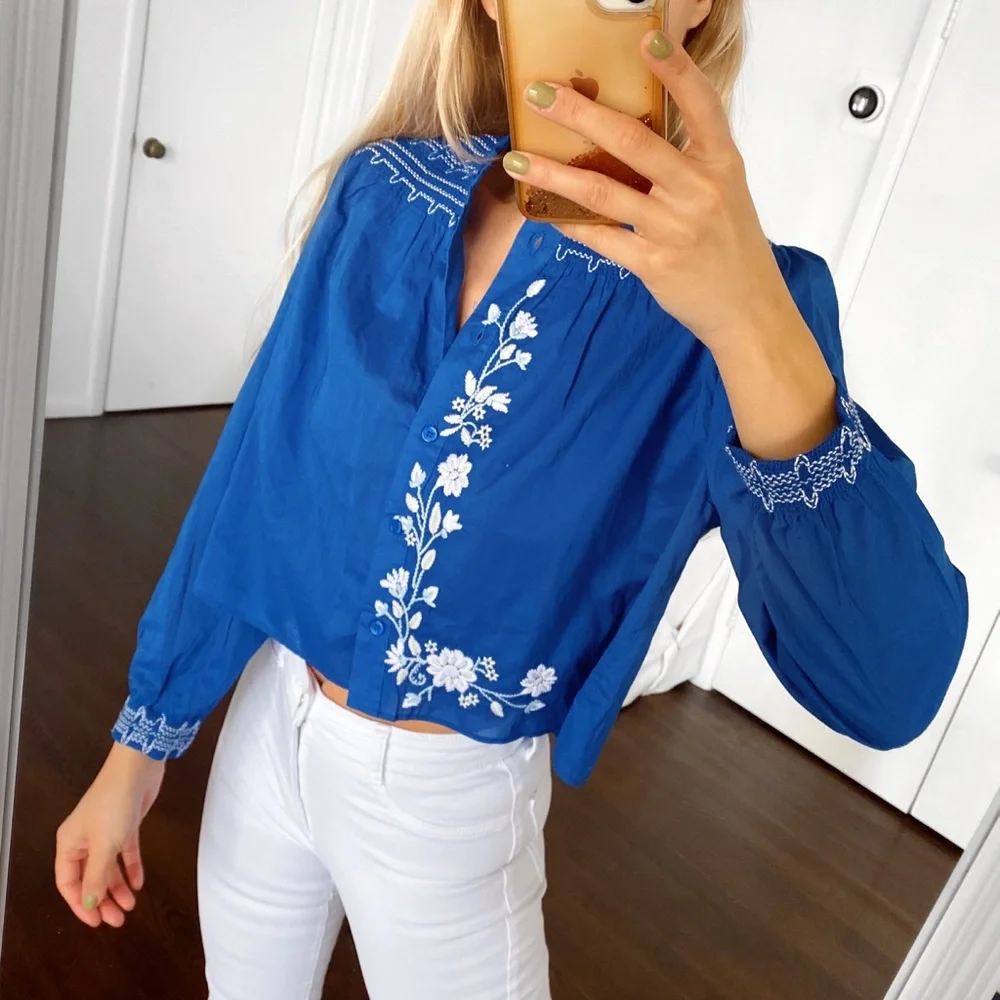 π ZARA BOHO BLUE WHITE FLORAL EMBROIDERED LONG SLEEVE CROPPED BLOUSE! - Picture 3 of 14
